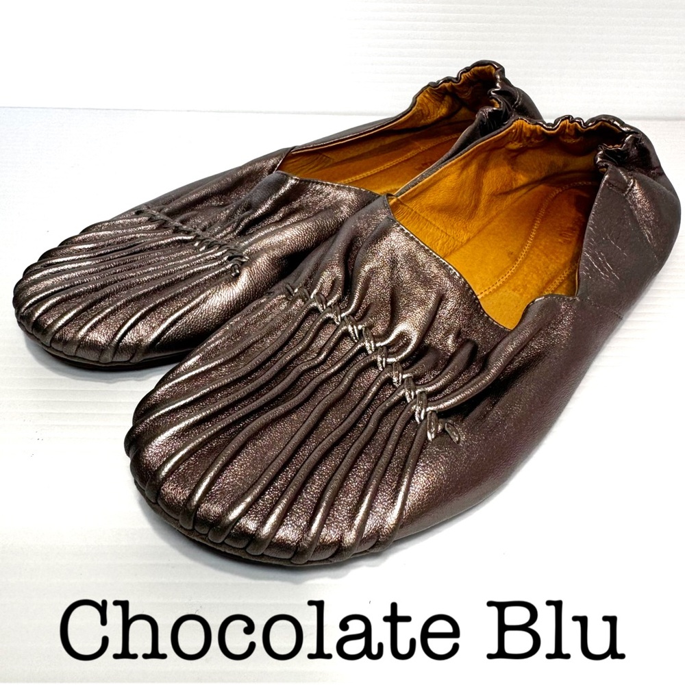 Chocolate Blu Vic Bronze Metallic Ruched Leather Flats Size 12